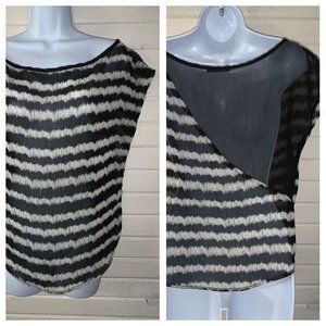 Rheea & Co. Sz MEDIUM Sheer Top Black Ivory Stripe Color Block Made In USA EUC